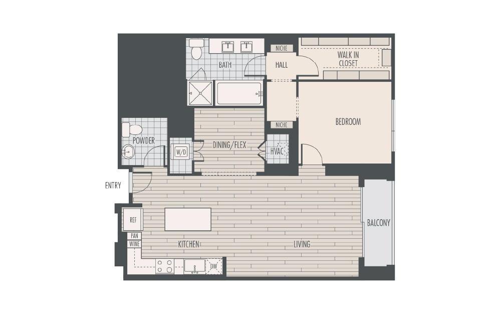 A5 - 1 bedroom floorplan layout with 1.5 bath and 1187 square feet.