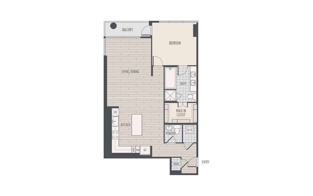 A6 - 1 bedroom floorplan layout with 1.5 bath and 1219 square feet.