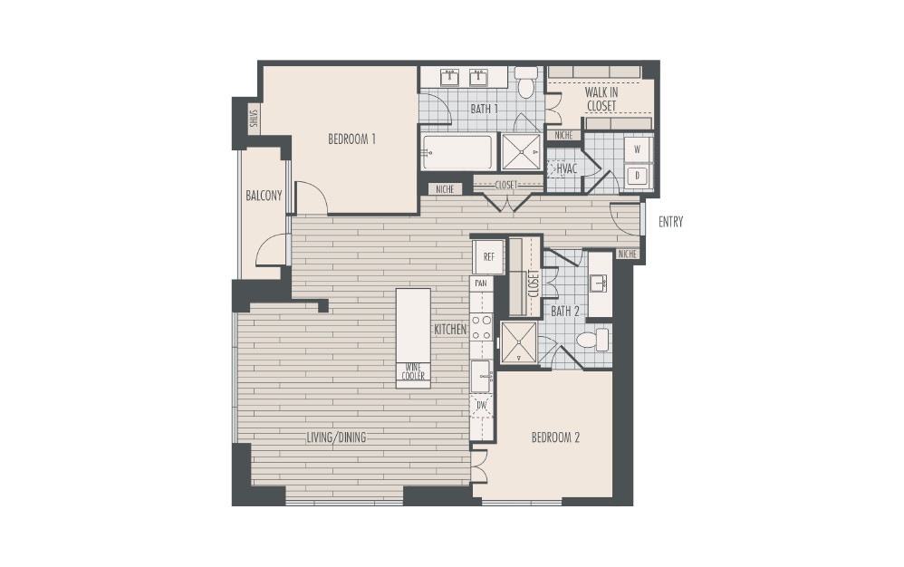 B1 - 2 bedroom floorplan layout with 2 baths and 1454 square feet.