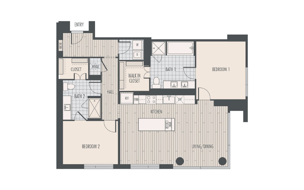 B2 - 2 bedroom floorplan layout with 2 baths and 1477 square feet.