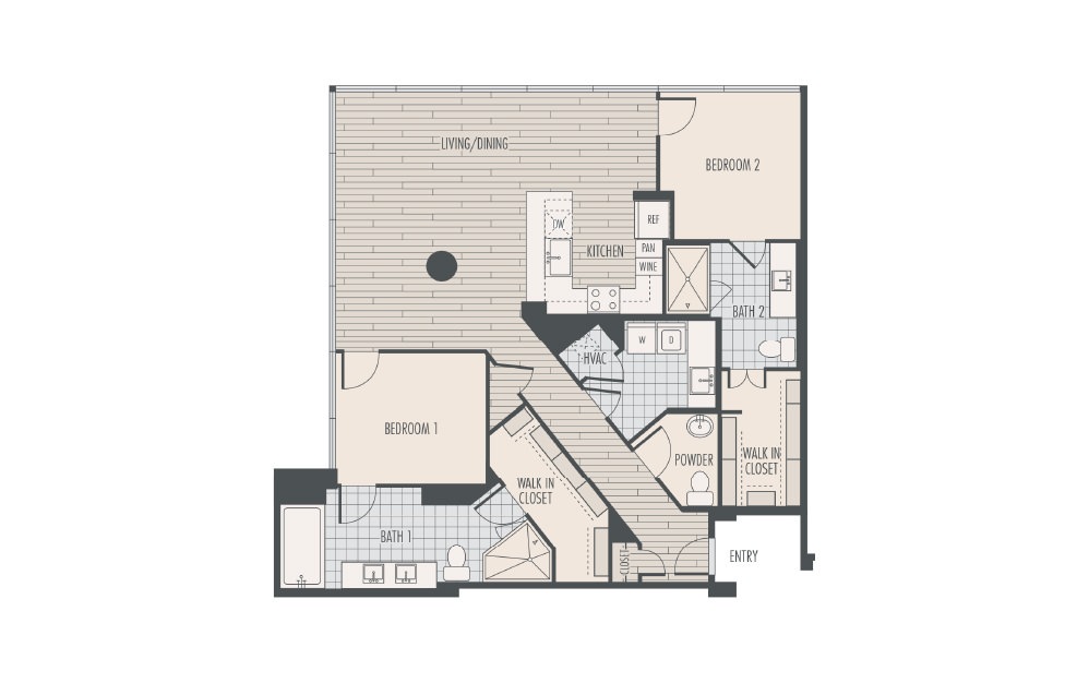 B6 - 2 bedroom floorplan layout with 2.5 baths and 1580 square feet.