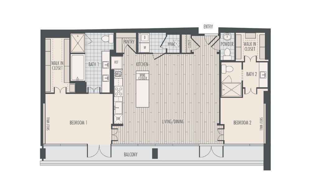 P2 - 2 bedroom floorplan layout with 2.5 baths and 1606 square feet.