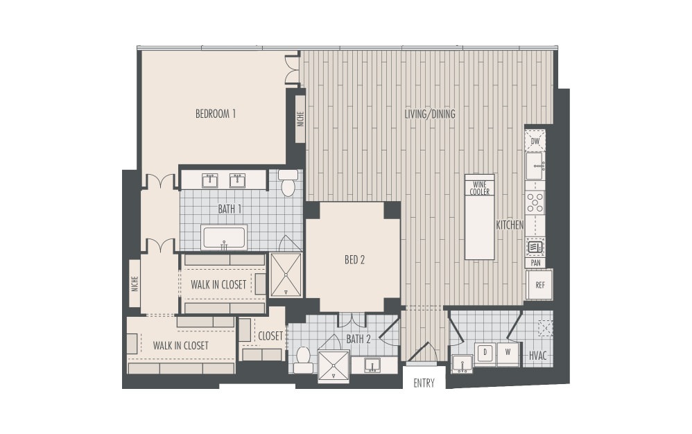 P5.1 - 2 bedroom floorplan layout with 2 baths and 1687 square feet.