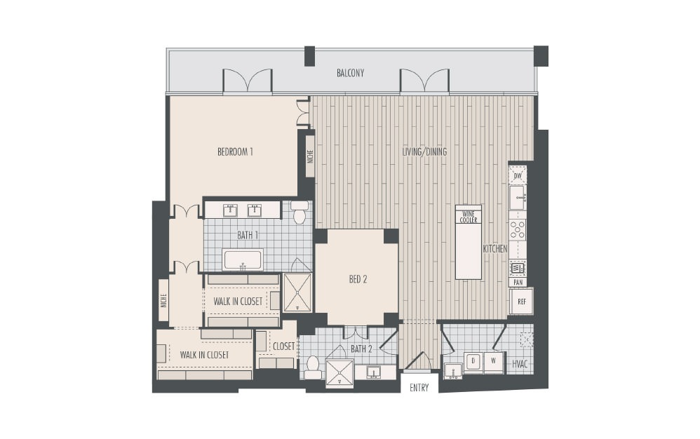 P5 - 2 bedroom floorplan layout with 2 baths and 1687 square feet.